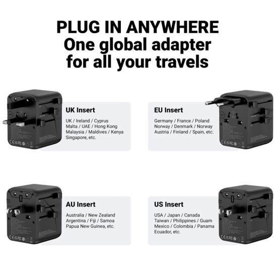 World Travel Adapter GaN 45W UK/EU/US/AU czarny