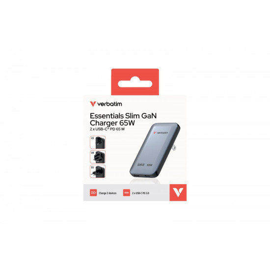 Ładowarka Essentials Slim GaN 65W 2x USB-C, US/UK/UE szara 