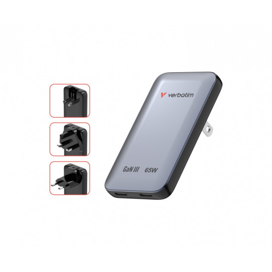 Ładowarka Essentials Slim GaN 65W 2x USB-C, US/UK/UE szara 