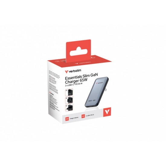 Ładowarka Essentials Slim GaN 65W 2x USB-C, US/UK/UE szara 