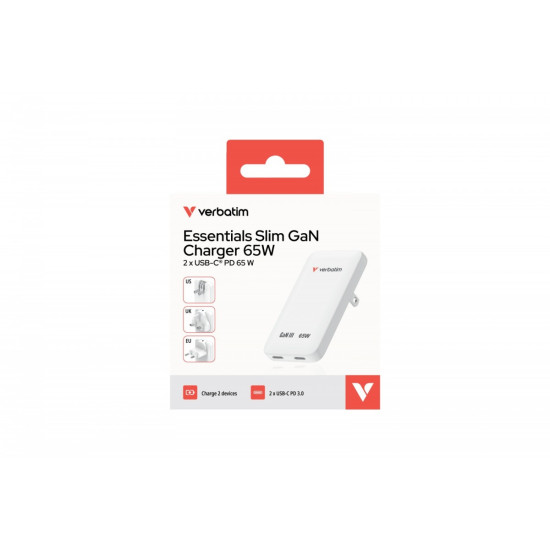 Ładowarka Slim Essentials GaN 65W 2x USB-C US/UK/UE biała 