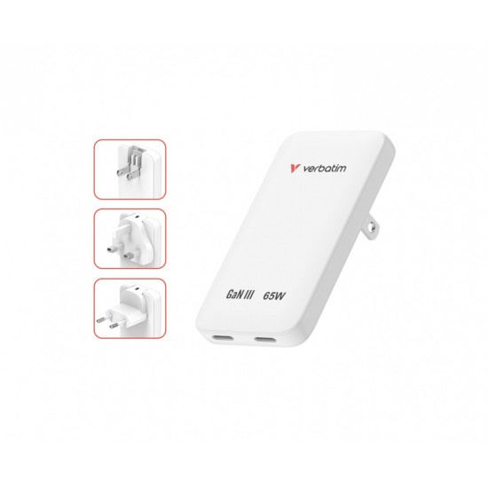 Ładowarka Slim Essentials GaN 65W 2x USB-C US/UK/UE biała 