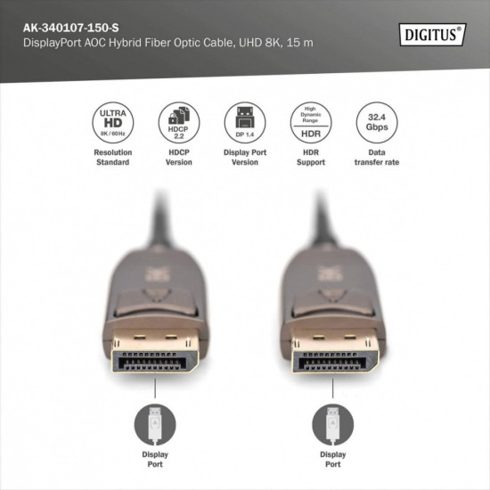 Kabel połączeniowy hybrydowy AOC DisplayPort 1.4 8K/60Hz UHD DP/DP M/M 15m Czarny