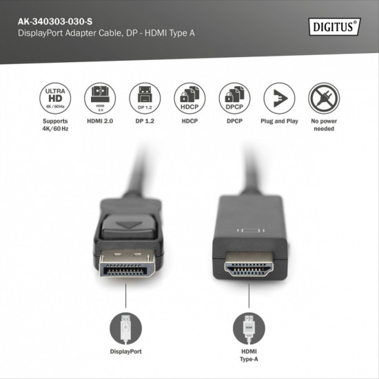 Kabel adapter DisplayPort 1.2 z zatrzaskiem 4K 60Hz UHD Typ DP/HDMI A M/M czarny 3m