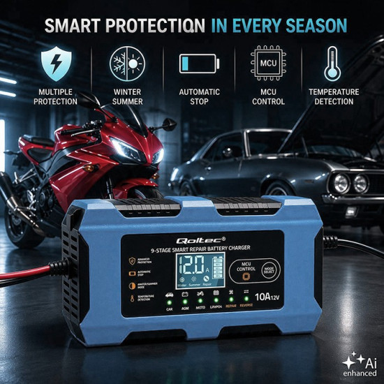 Ładowarka 12V 10A | Prostownik z funkcją naprawy | AGM GEL LiFePO4 