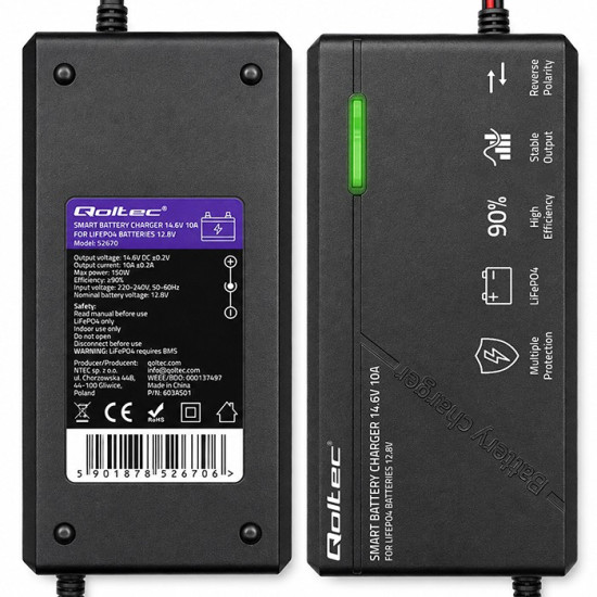 Ładowarka do akumulatora LiFePO4 12V | 10A | PF 0.9 | LED 