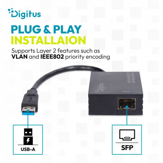Karta sieciowa USB 3.0 typ A na Gigabit SFP, adapter światłowodowy 1000 Mb/s, moduł SFP sprzedawany osobno