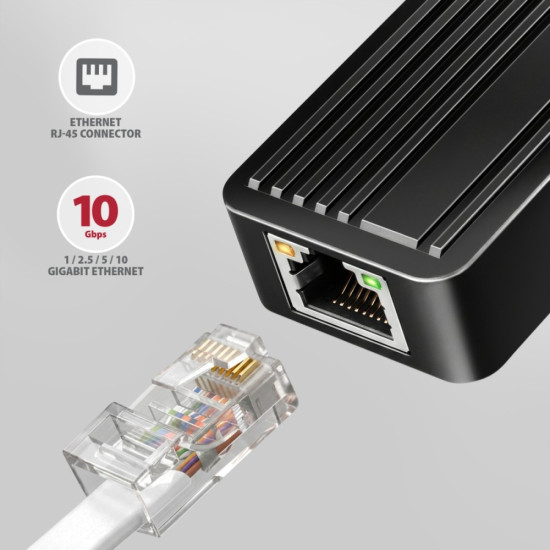 ADE-10GR Karta sieciowa USB-C 10Gbps, port RJ-45 10GbE (10/5/2.5/1G), chipset Realtek RTL8159, Wake-on-LAN, aluminiowa, odłączany kabel 19 cm, czarna