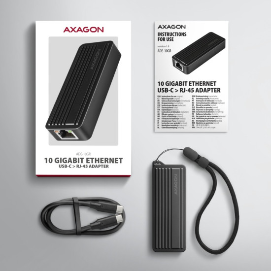 ADE-10GR Karta sieciowa USB-C 10Gbps, port RJ-45 10GbE (10/5/2.5/1G), chipset Realtek RTL8159, Wake-on-LAN, aluminiowa, odłączany kabel 19 cm, czarna