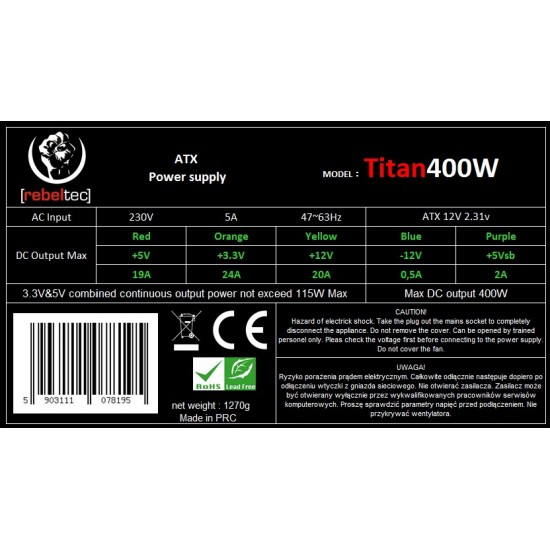 Zasilacz uniwersalny komputerowy ATX ver. 2.31 TITAN 400 