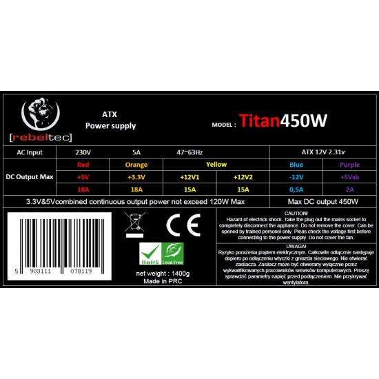 Zasilacz uniwersalny komputerowy ATX ver. 2.31 TITAN 450 Zasilacz uniwersalny komputerowy ATX ver. 2.31 TITAN 450